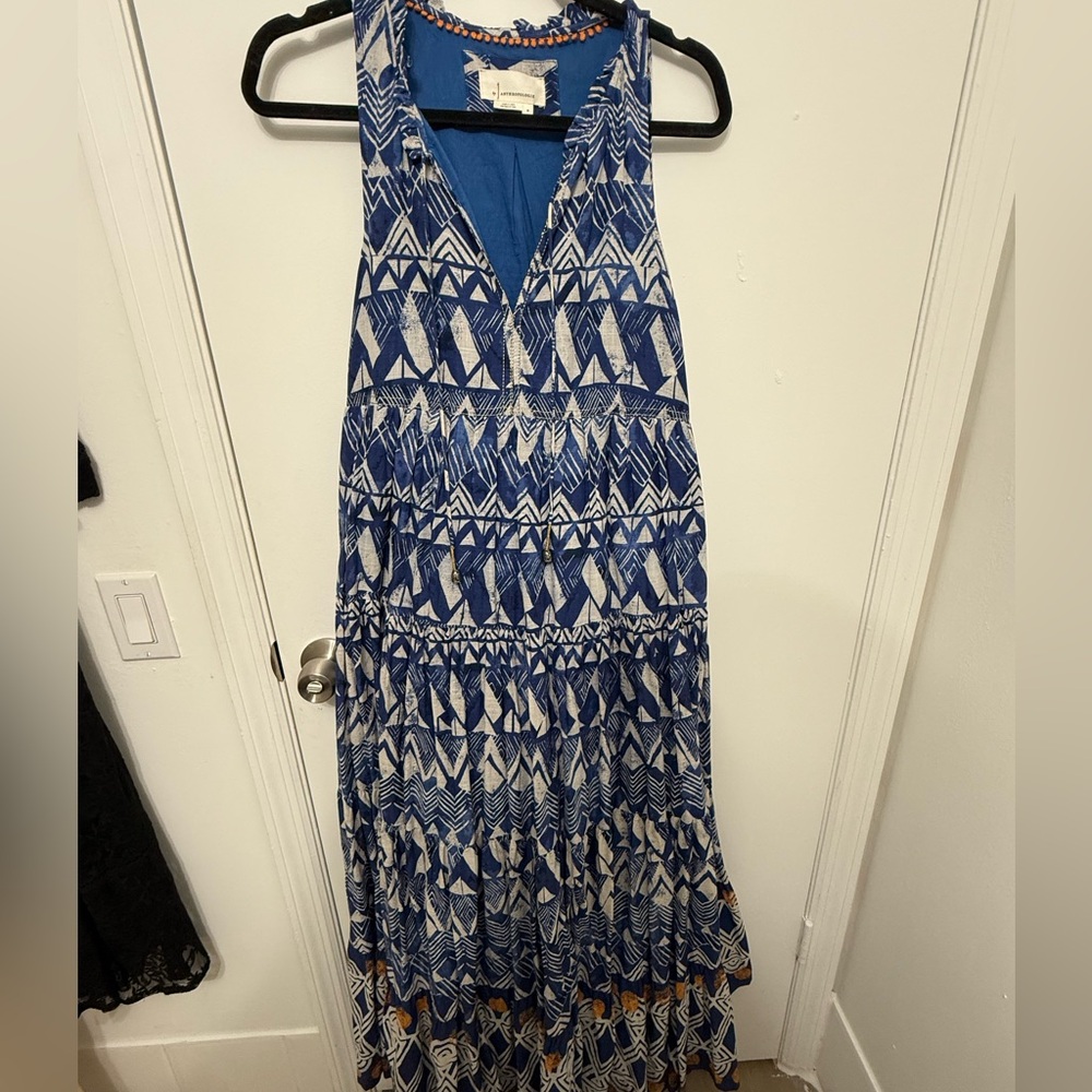 Anthropologie Blue and Cream Geometric Maxi Dress